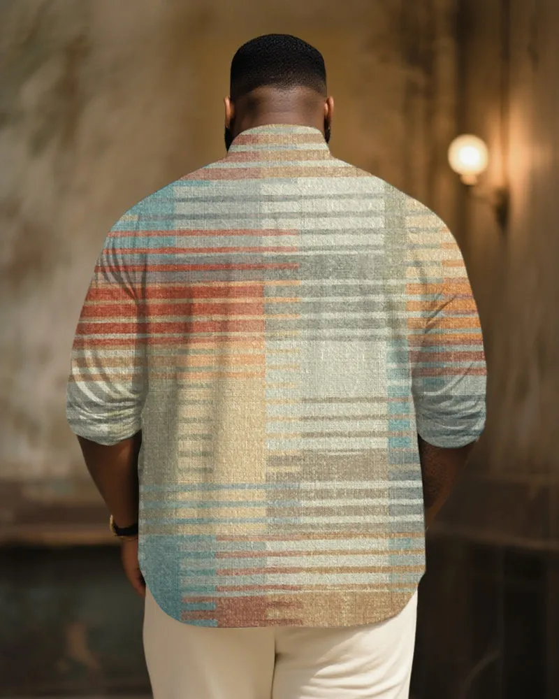 Big & Tall Men's Vintage Ethnic Stripe Art Print Long Sleeve Bamboo Hemp Texture Shirt sold by Biggmans product image thumbnail 2