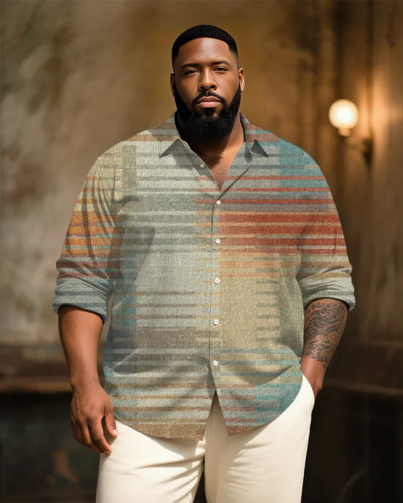 Big & Tall Men's Vintage Ethnic Stripe Art Print Long Sleeve Bamboo Hemp Texture Shirt sold by Biggmans