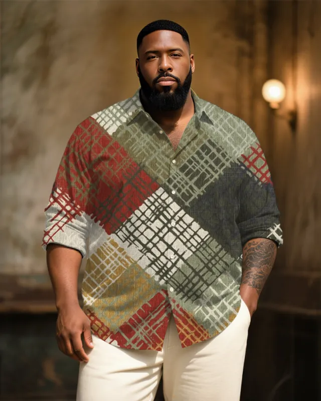 Big & Tall Men's Vintage Plaid Art Print Long Sleeve Bamboo Hemp Texture Shirt sold by Biggmans