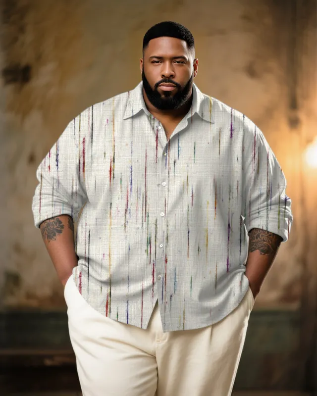 Big & Tall Men's Vintage Color Strip Art Print Long Sleeve Bamboo Hemp Texture Shirt sold by Biggmans