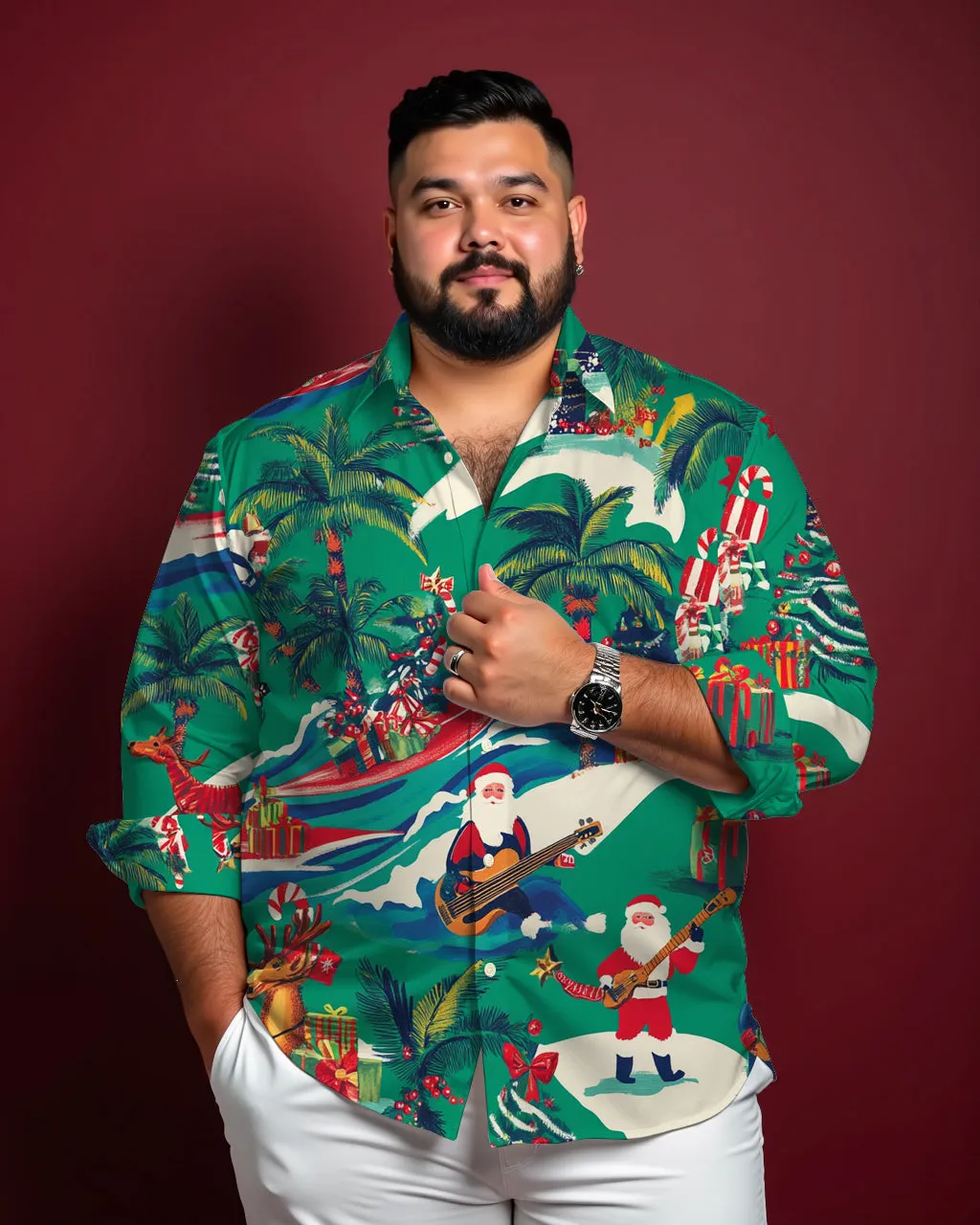 Holiday Santa Long Sleeve Lapel Shirt Men Plus Size sold by Biggmans