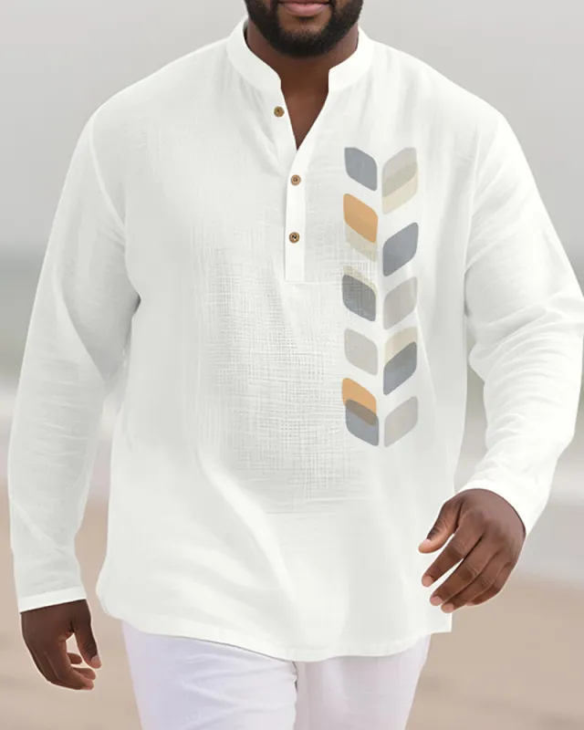 Big & Tall Men's Geometric Leaf Print Bamboo Hemp Texture Henley Collar Long Sleeve Shirt sold by Biggmans