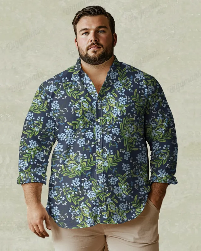 Fashion Romantic Secret Orchid Pattern Print Long Sleeve Lapel Shirt Men's Plus Size made by Biggmans