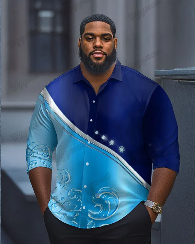 Men's Fashion CasualRhinestone Gradient Color Block Print Long Sleeve Shirt sold by Biggmans