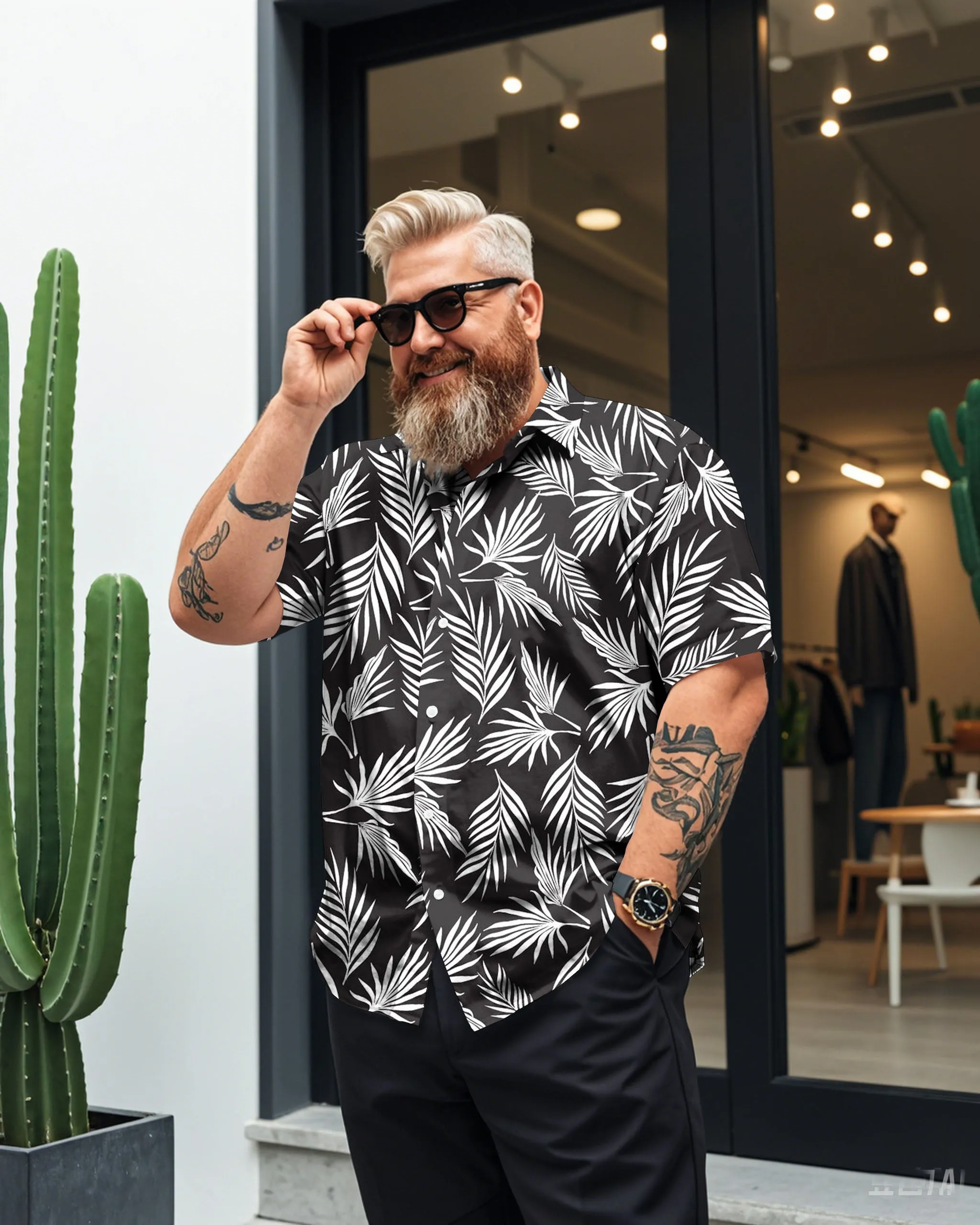 Men's Plus Size Shawat Coconut Black Plant Silhouette Short Sleeve Shirt sold by Biggmans product image thumbnail 2