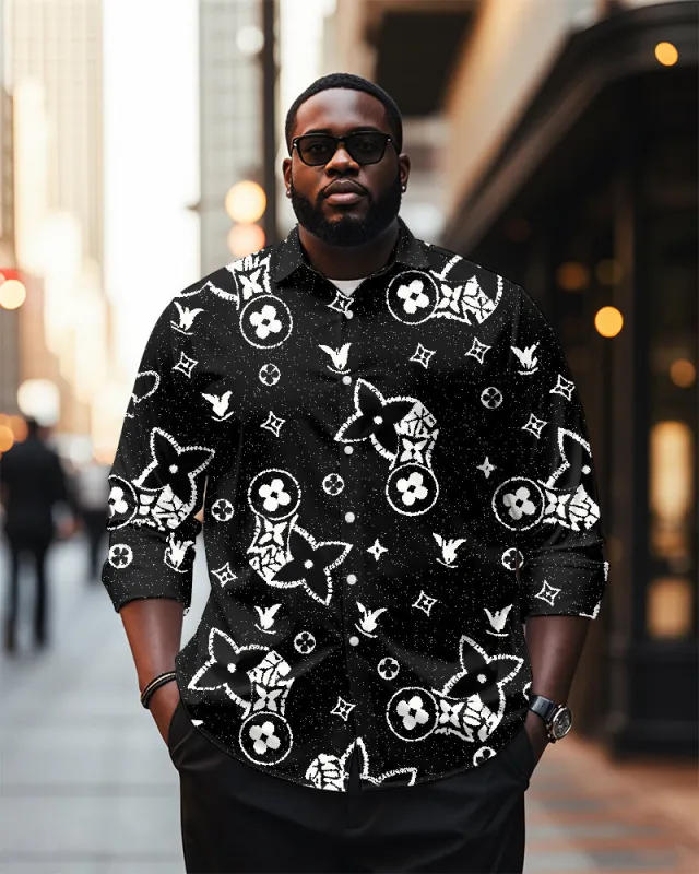 Men's Plus Size Business Black And White Diamond Flower Geometric Print Long Sleeve Shirt sold by Biggmans