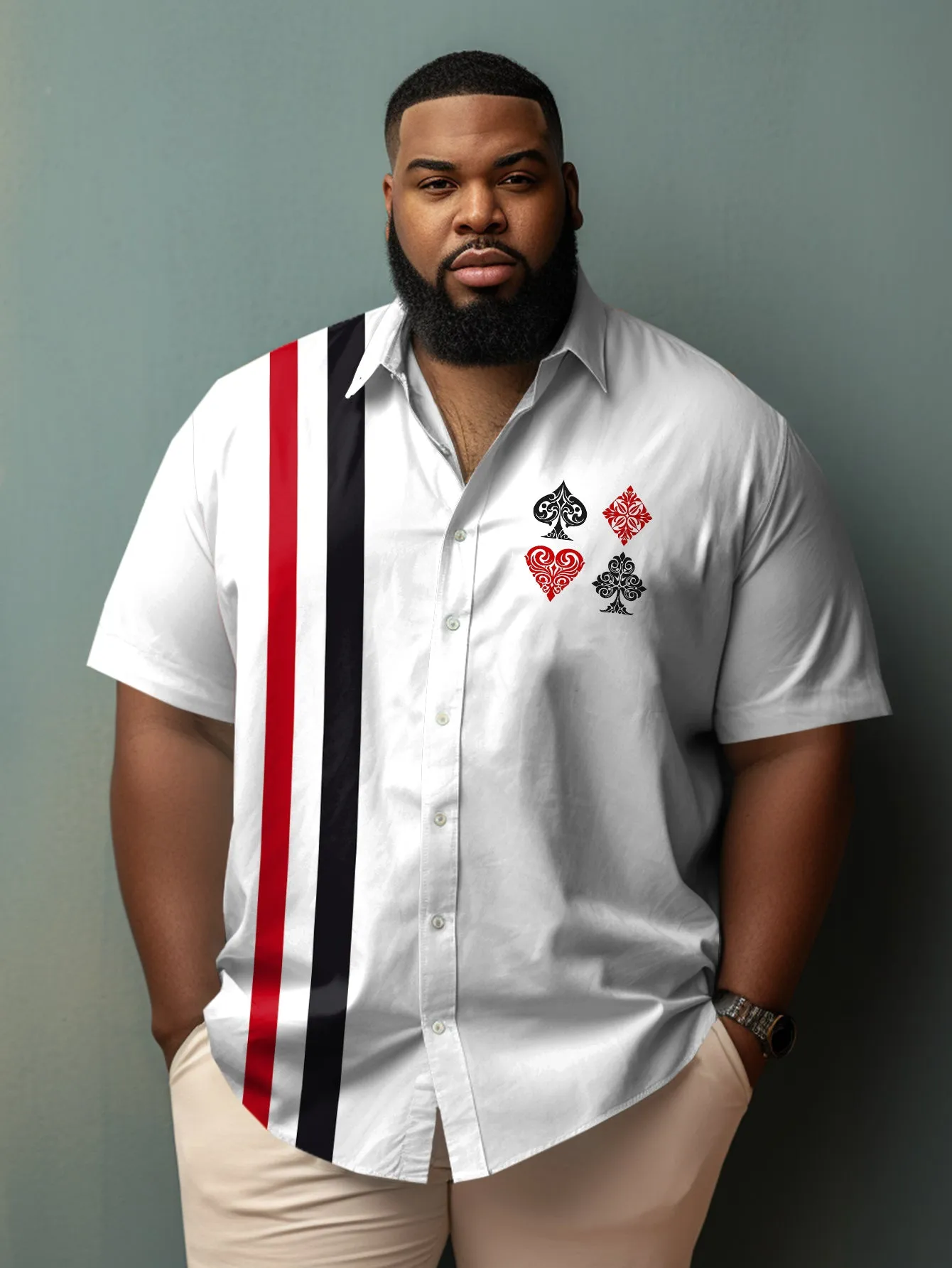 Men's Plus Size White Stripe Retro Poker Print Short Sleeve Shirt sold by Biggmans