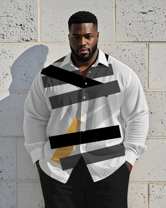 Men's Plus Size Business White Striped Contrast Geometric Print Long Sleeve Shirt sold by Biggmans