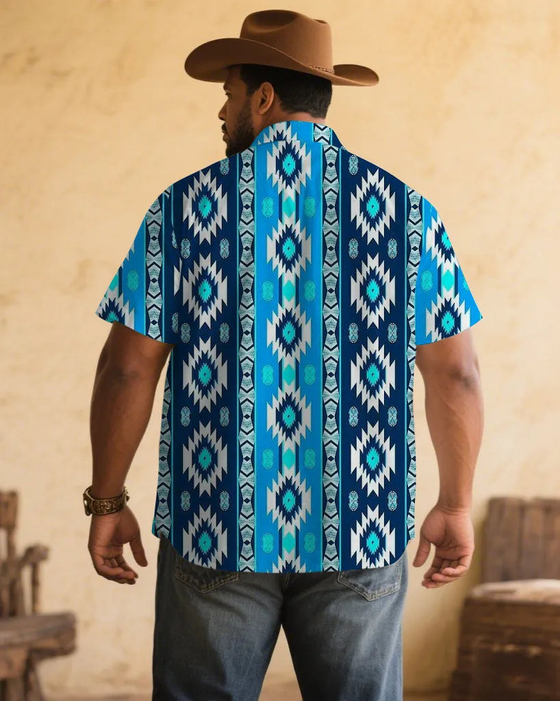 Men's Plus Size Retro Western Denim Blue Printed Short Sleeve Shirt sold by Biggmans product image thumbnail 2