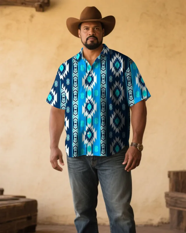 Men's Plus Size Retro Western Denim Blue Printed Short Sleeve Shirt sold by Biggmans