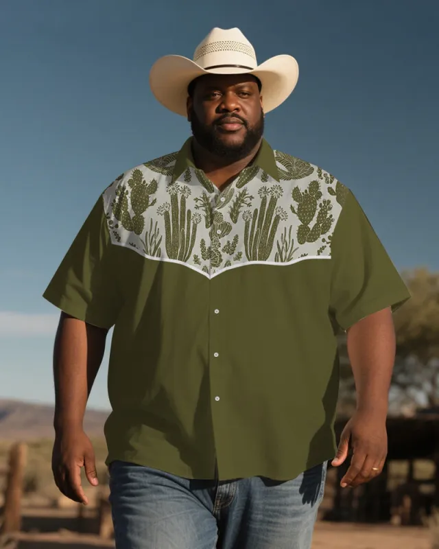 Men's Plus Size Western Style Green Patchwork Cactus Print Short Sleeve Shirt sold by Biggmans