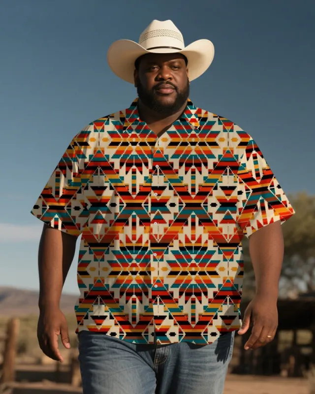 Men's Plus Size Western Style Diamond Color Strip Print Short Sleeve Shirt sold by Biggmans