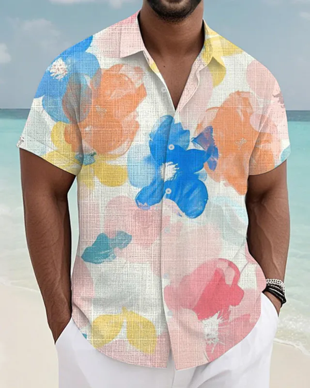 Men's Plus Size Hawaiian Color Abstract Floral Print Short Sleeve Slub Shirt sold by Biggmans