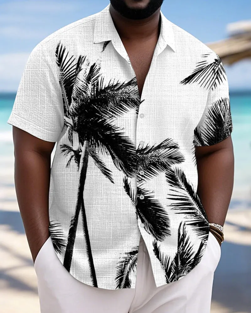 Men's Plus Size Hawaiian Black And White Leaf Print Short Sleeve Slub Shirt sold by Biggmans