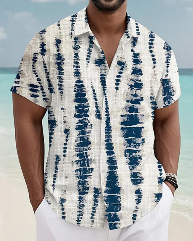 Men's Plus Size Hawaiian Blue And White Texture Print Short Sleeve Slub Shirt sold by Biggmans