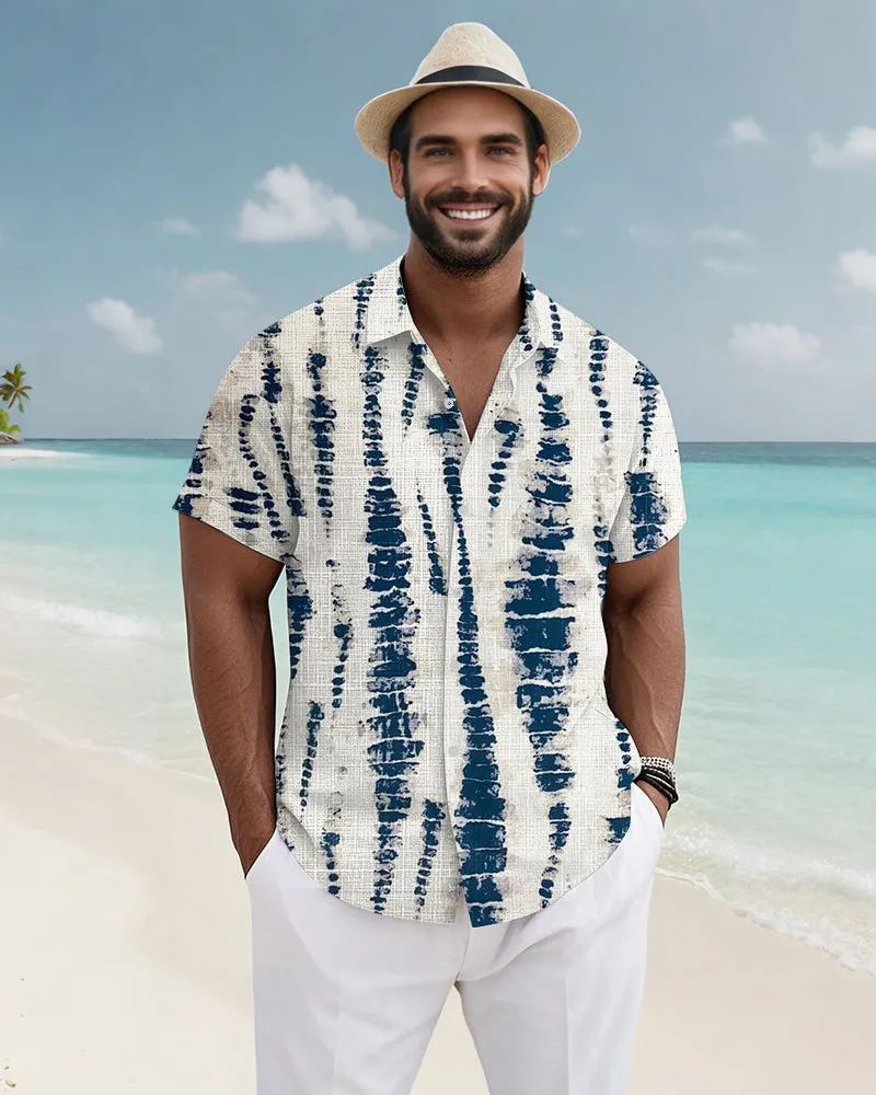 Men's Plus Size Hawaiian Blue And White Texture Print Short Sleeve Slub Shirt sold by Biggmans product image thumbnail 3