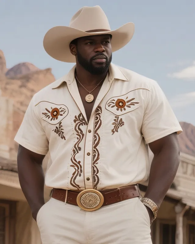 Men's Plus Size Western Denim 3D Sunset & Textured Print Short Sleeve Shirt sold by Biggmans