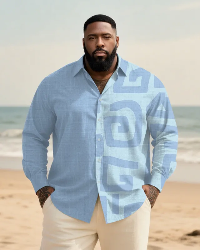 Big & Tall Men's Blue Colorblock Irregular Geometric Print Long Sleeve Bamboo Hemp Texture Shirt sold by Biggmans