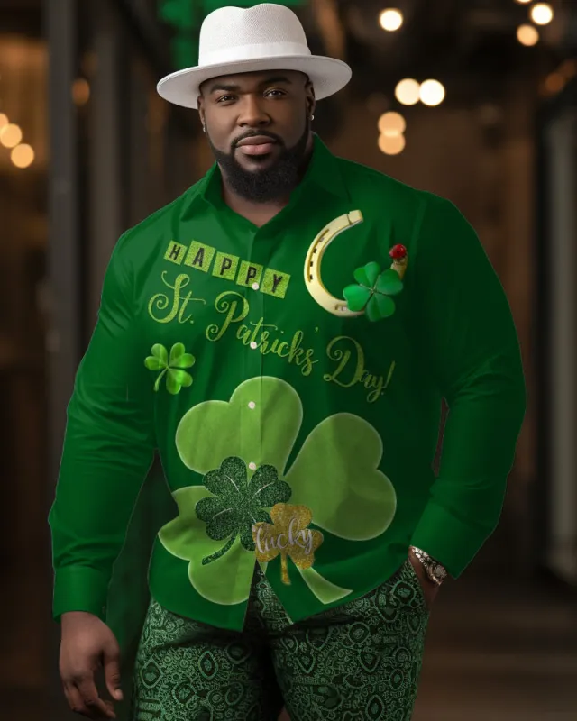 Men's Plus Size Happy St. Patrick's Day Magnet Four Leaf Clover Casual Lapel Long Sleeve Shirt sold by Biggmans