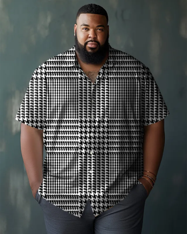 Men's Plus Size Business Casual Houndstooth Graphic Lapel Short Sleeve Shirt made by Biggmans