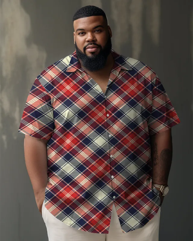 Men's Large Size Business Casual Colorblock Diamond Plaid Lapel Short Sleeve Shirt sold by Biggmans