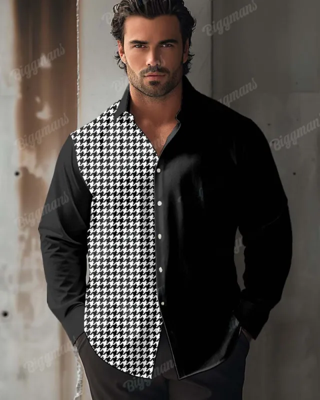 Men's Plus Size Color Matching Houndstooth Lapel Long Sleeve Shirt sold by Biggmans