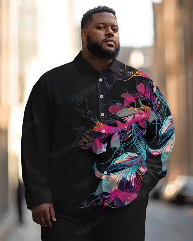 Men's Daily Casual Colorful Line Floral Print Lel Plus Size Long Sleeve Shirt sold by Biggmans