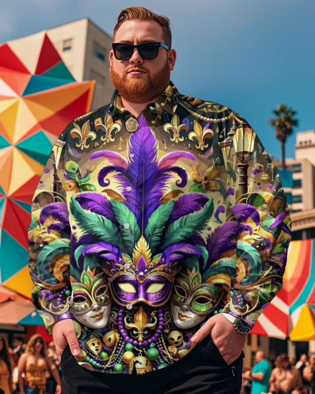 Men's Plus Size Carnival Color Belt Mask Print Long Sleeve Shirt sold by Biggmans
