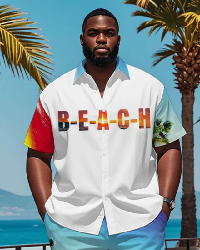 Men's Plus Size Hawaiian Gradient Beach Letter Print Short Sleeve Shirt sold by Biggmans
