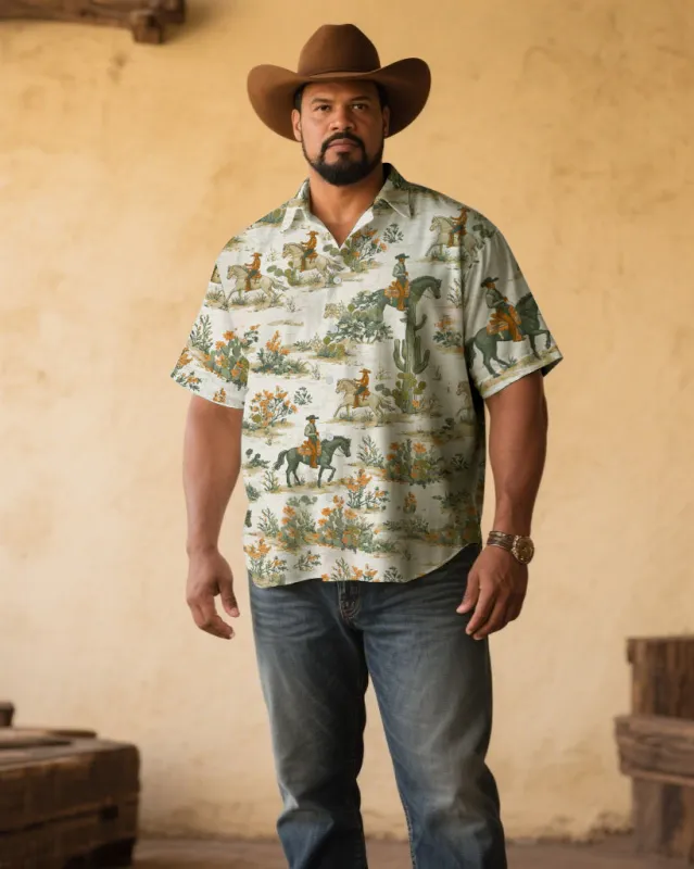 Men's Plus Size Western Denim Quartet Continuous Cotton Printed Short Sleeve Shirt sold by Biggmans
