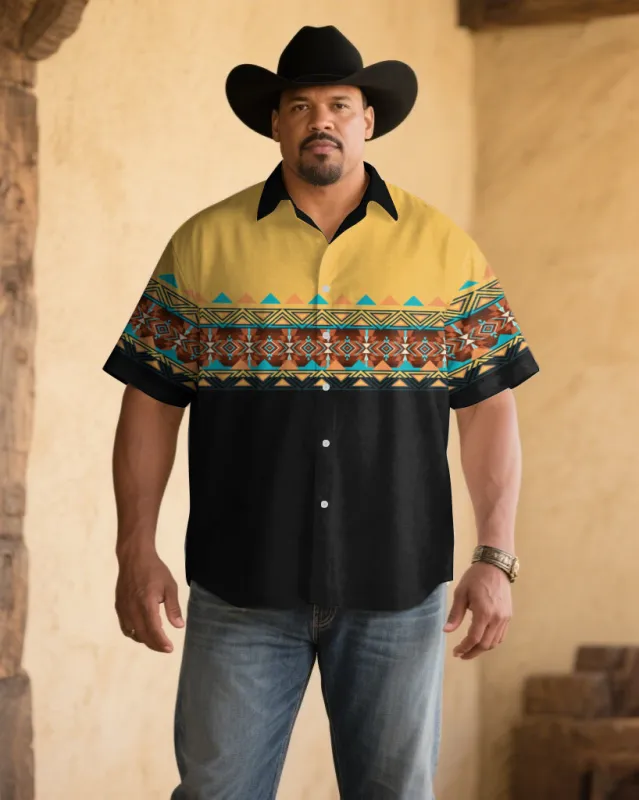 Men's Plus Size Black & Yellow Western Denim Cotton Blend Short Sleeve Shirt sold by Biggmans