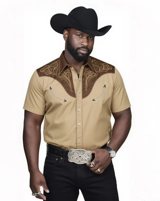 Big & Tall Men's Western Textured Brown Short Sleeve Shirt sold by Biggmans