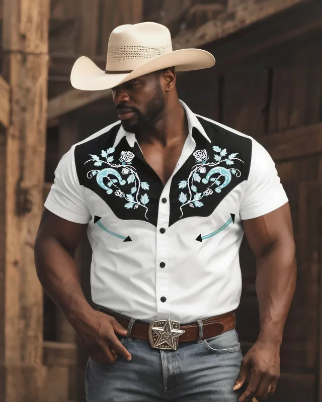 Big & Tall Men's Western-style White Black Floral Texture Short-sleeved Shirt sold by Biggmans