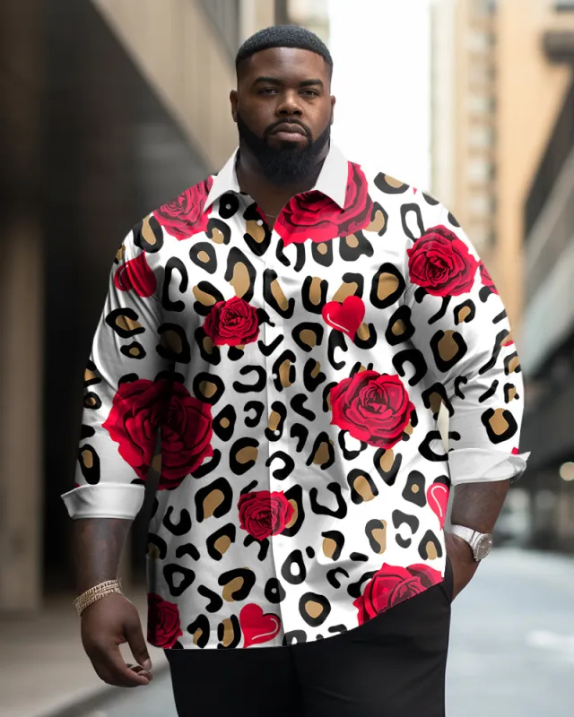 Men's Large Size Xoxo Rose Leopard Print Romantic Unique Lapel Long-Sleeved Shirt sold by Biggmans