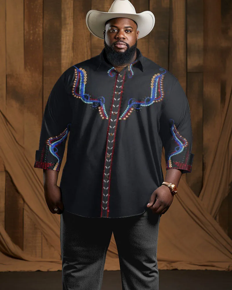 Men's Plus Size Western Denim Floral Long Sleeve Graphic Lapel Long Sleeve Shirt sold by Biggmans