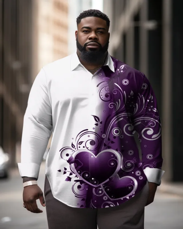 Men's Large Size Romantic Color Matching Love Flower Graphic Lapel Long-Sleeved Shirt sold by Biggmans