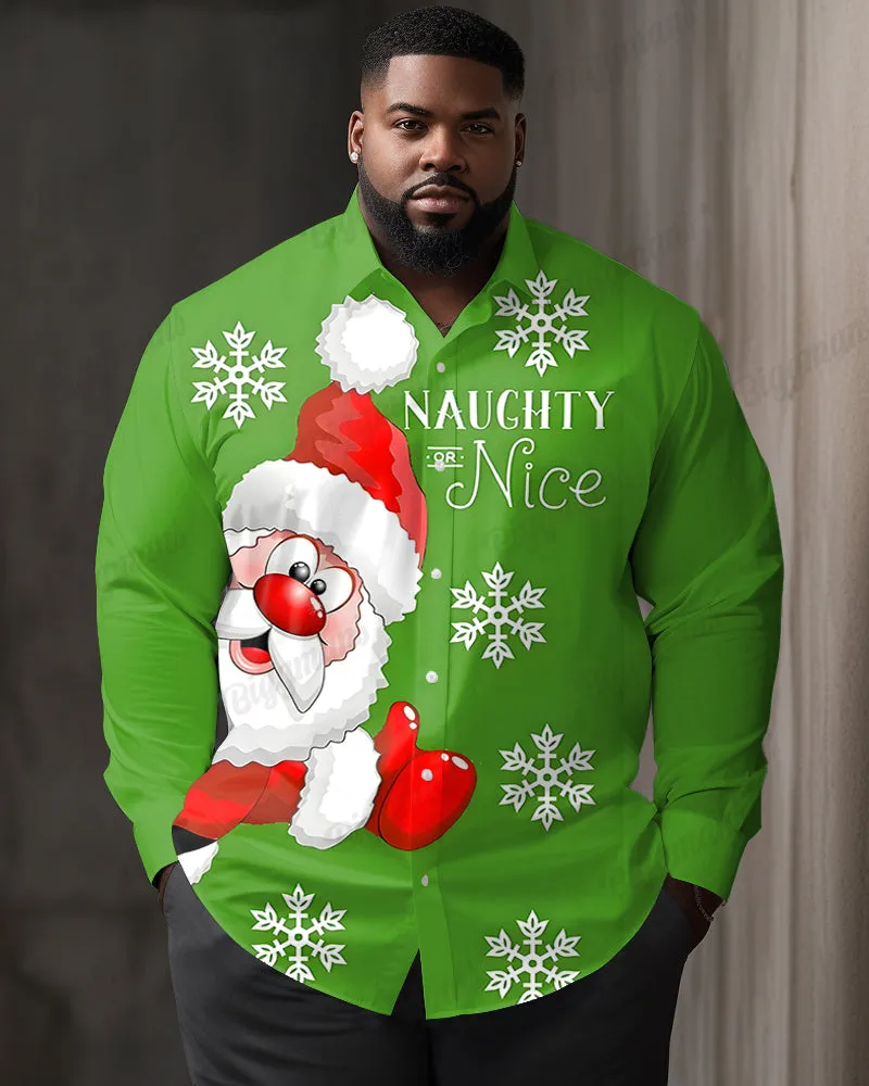 Men's Christmas Green Snowflake Santa Claus Print Plus Size Collar Long Sleeve Shirt sold by Biggmans