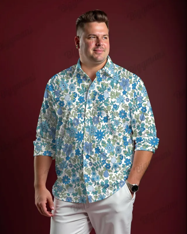 Blue Flower Long Sleeve Shirt Men's Plus Size sold by Biggmans