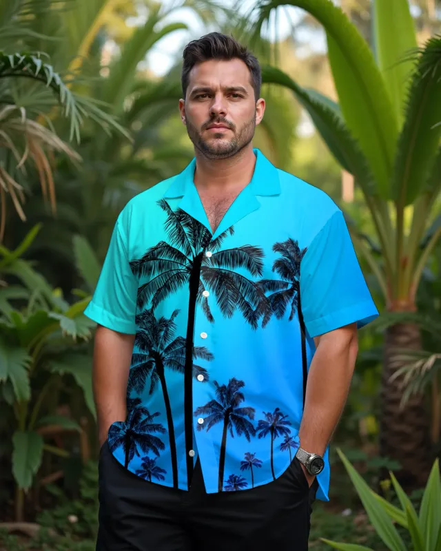 Hawaiian Casual Big Brown Tree Gradient Blue Men's Plus Size Cuban Nearline Short Sleeve Shirt sold by Biggmans