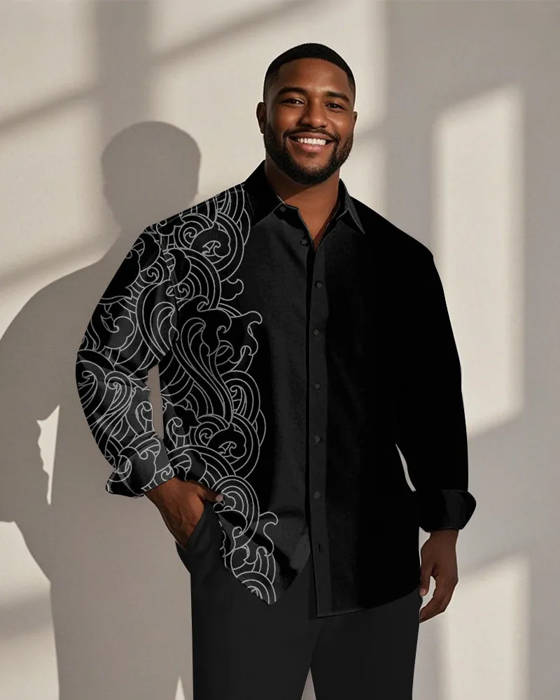 Men's Plus Size Business Black Patchwork Wave Art Texture Print Long Sleeve Shirt sold by Biggmans
