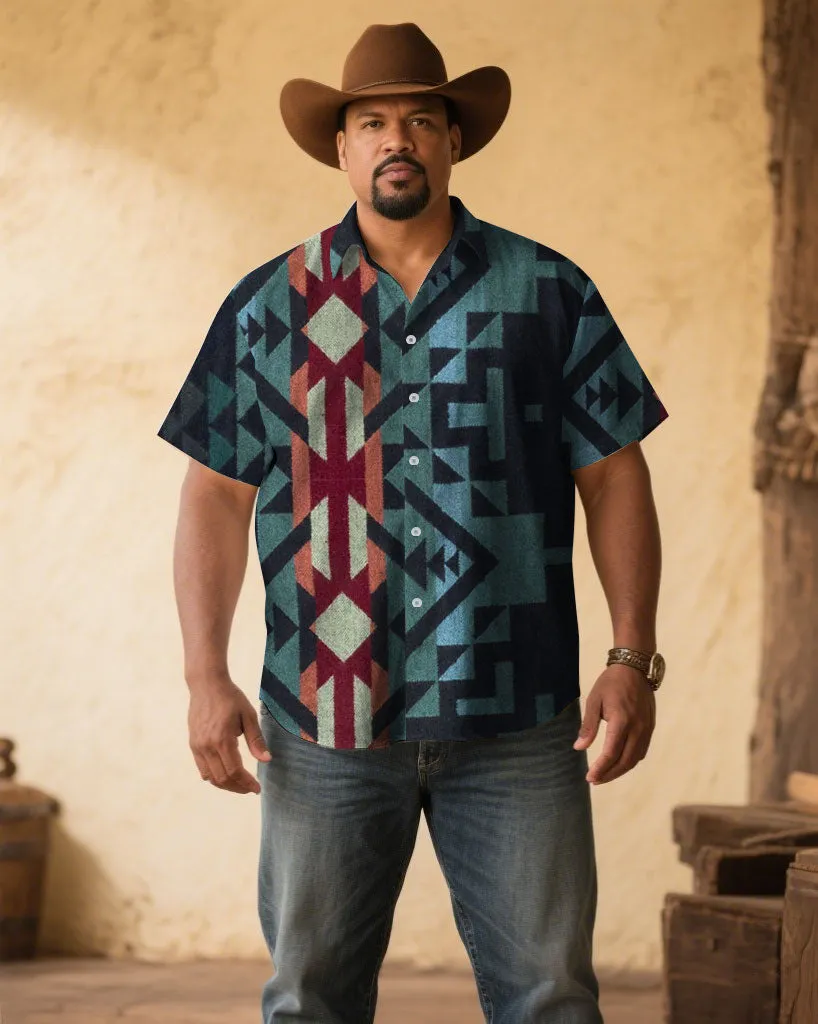 Men's Plus Size Retro Western Denim Classic Color Print Short Sleeve Shirt sold by Biggmans