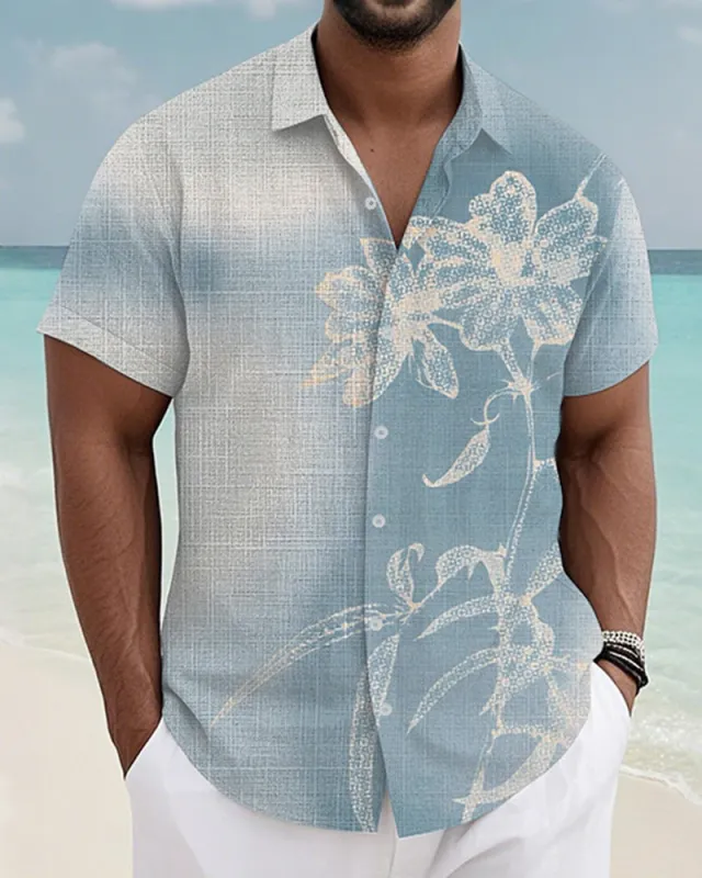 Men's Plus Size Hawaiian Gradient Blue Floral Print Short Sleeve Slub Shirt sold by Biggmans