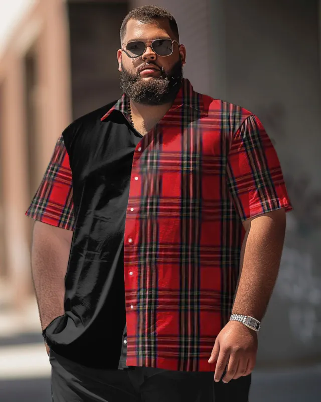 Business Solid Color Stitching Classic Plaid Pattern Large Size Men's Short Sleeve Shirt sold by Biggmans