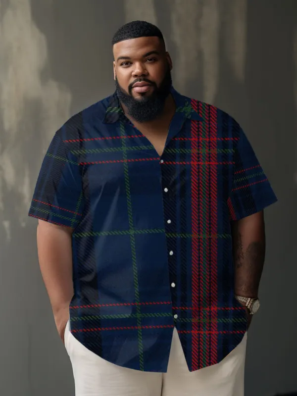 Men's Plus Size Casual Blue Plaid Lapel Short Sleeve Shirt sold by Biggmans