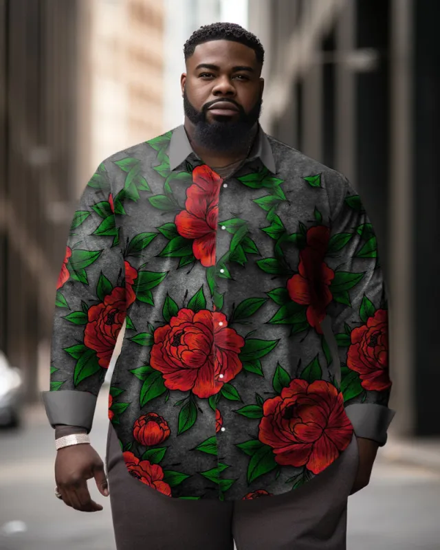 Men's Plus Size Rose Romantic Unique Lapel Long Sleeve Shirt sold by Biggmans