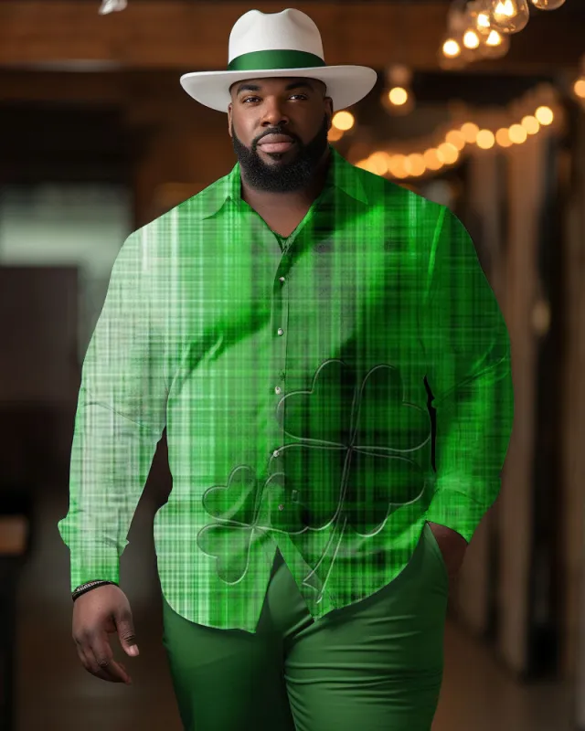 Men's Plus Size Casual St. Patrick's Day Plaid Lapel Long Sleeve Shirt sold by Biggmans