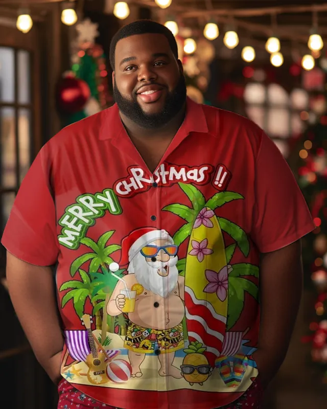Men's Merry Christmas Santa Beach Skateboard Plus Size Christmas Tree Short Sleeve Shirt sold by Biggmans