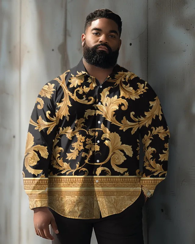 Retro Floral Pattern Big and Tall Men Lapel Long Sleeve Shirt sold by Biggmans