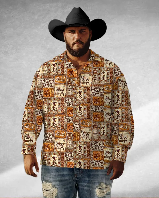 Western Denim Geometric Long Sleeve Lapel Shirt Big Man sold by Biggmans