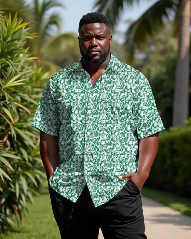Men's Plus Size Abstract Geometric Leaf Silhouette Green Lapel Short Sleeve Shirt sold by Biggmans